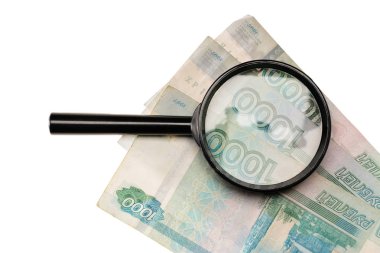 Beyaz arka plan üzerinde para Büyüteç