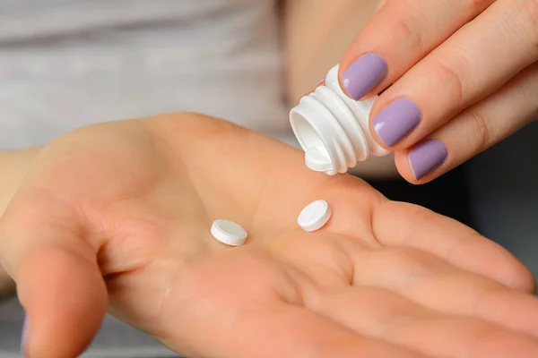 Medical Pills Girl Pours Out Palm Bubble — Stock Photo, Image