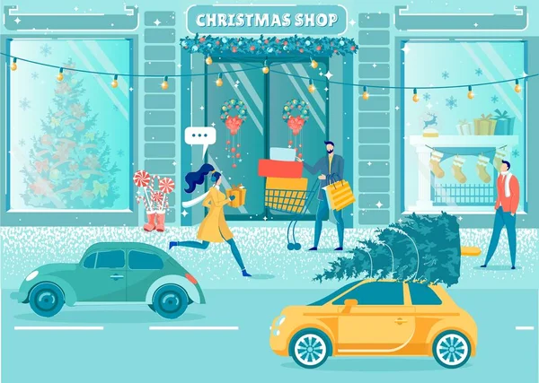 Mensen op straat in de buurt van Christmas Shop en City Life — Stockvector