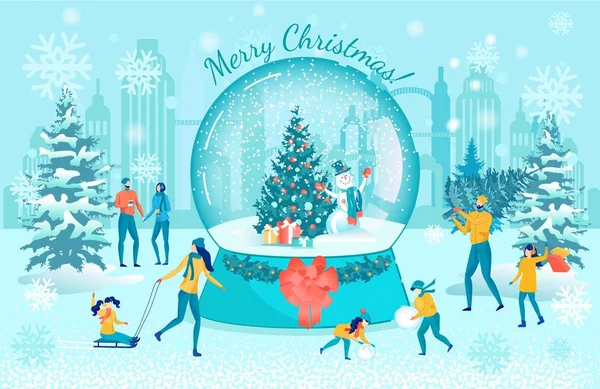 Vrolijk Kerstfeest glazen schaal en gelukkige mensen poster — Stockvector