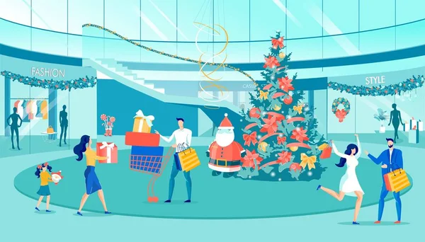 Compras da família de Natal na loja Mall Cartoon —  Vetores de Stock