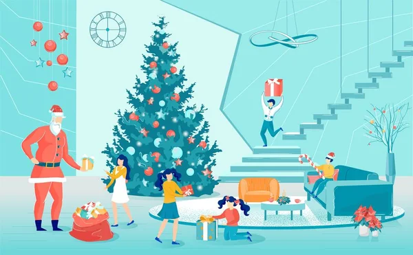 Kerstman geven geschenken aan gelukkige kinderen cartoon — Stockvector