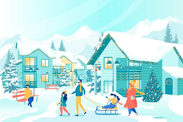Gelukkig gezin rust buiten op wintervakantie — Stockvector