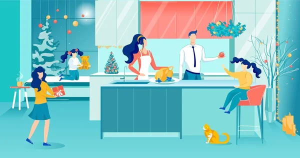 Madre cocinando cena festiva y familia feliz — Vector de stock