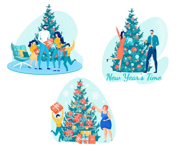 Familieleden met cadeautjes bij nieuwjaarsboom. — Stockvector