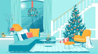 Xmas Ağacı ile dekore edilmiş oturma odası salonu alanı