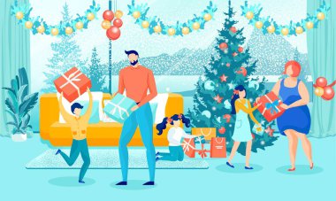Mutlu Aile Noel Hediyeleri Veriyor Noel ağacının yanında