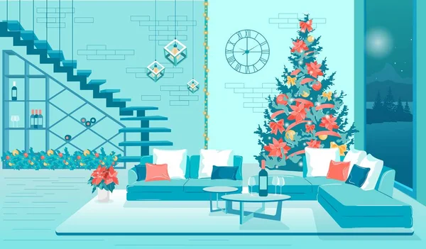 Feliz año nuevo moderno salón plano interior — Vector de stock