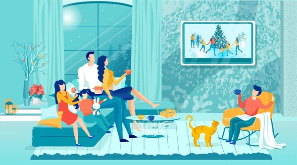 Happy Family Watching Holidays Pokaż na telewizorze — Wektor stockowy