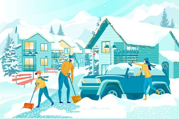 Garçon aidant les parents à enlever la neige après une chute de neige — Image vectorielle