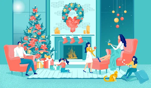Fête de Noël en famille dans le salon — Image vectorielle