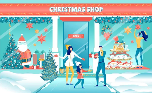 Père, mère et fille au magasin de Noël — Image vectorielle