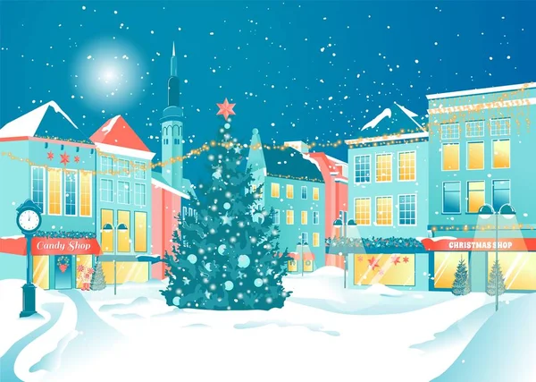 Zdobené City Street a vánoční strom na náměstí — Stockový vektor