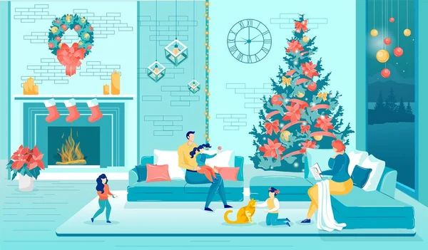 Parents Enfants Repos dans le salon confortable sur Noël — Image vectorielle