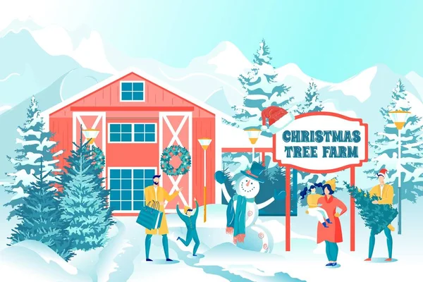 Happy Family Visiting Christmas Tree Farm Cartoon — Stockový vektor