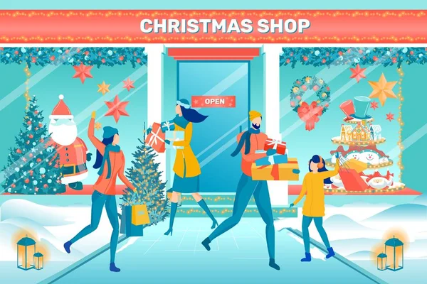Pessoas felizes preparando presentes na loja de Natal —  Vetores de Stock