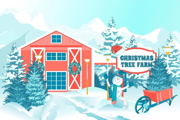 Desenhos animados Paisagem nevada com árvore de Natal Farm —  Vetores de Stock