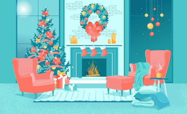 Frohe Weihnachten Interieur für zu Hause Wohnzimmer — Stockvektor