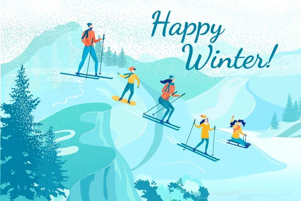 Happy Winter Rodinná rekreace čas na resort — Stockový vektor