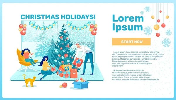 Miembros de la familia con regalos cerca de árbol de Año Nuevo