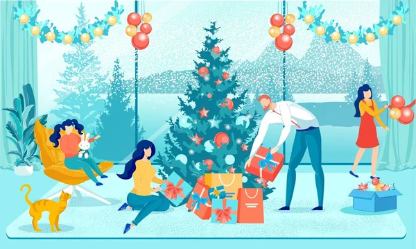 Gelukkig Kerstfeest en Nieuwjaar Familie Voorbereiding — Stockvector