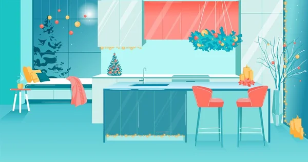 Cocina con zona de salón Navidad Año Nuevo Interior — Vector de stock