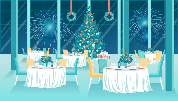 Επίπεδη Εστιατόριο Εσωτερικό με Xmas Πρωτοχρονιά Διακόσμηση — Διανυσματικό Αρχείο