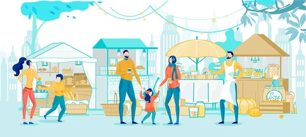 Happy Family Shopping in Street Market Cartoon — Stockový vektor