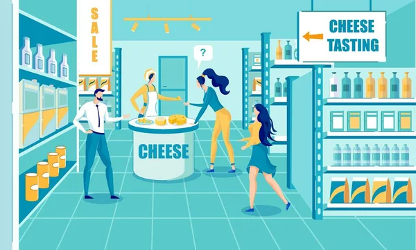 Дегустация сыра в магазине Карикатуры — стоковый вектор