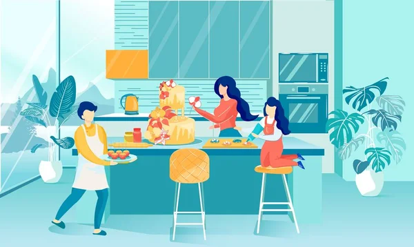 Anne ve Çocuklar Mutfakta Şeker Pişiriyor — Stok Vektör