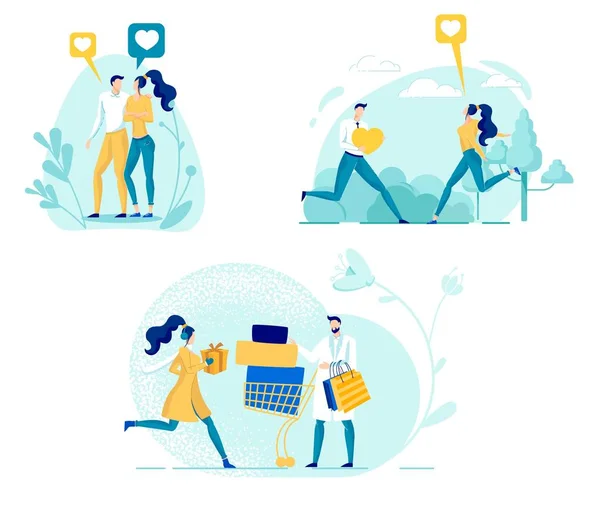 Romantic Couple Flat Vector Illustrations Set — 스톡 벡터