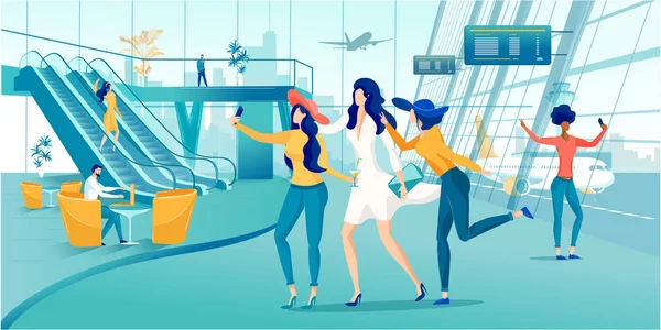 Chicas Amigos Turistas Tomando Selfie en Aeropuerto — Vector de stock