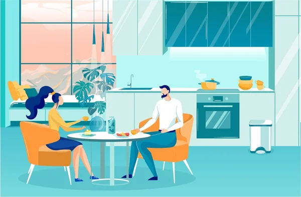 Young Couple Having Breakfast at Home in Apartment — ストックベクタ