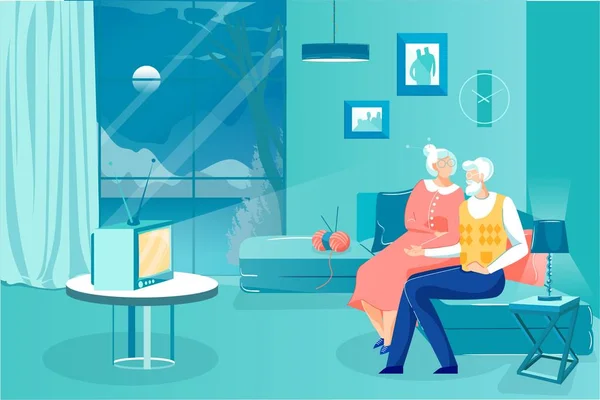 Happy Elderly Couple Spends Time Together at Tv. — Stok Vektör