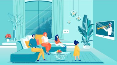 Happy Family Watching Television Sitting on Sofa.