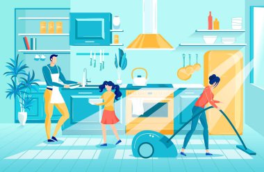 Family Members Doing Household Chores in Kitchen.