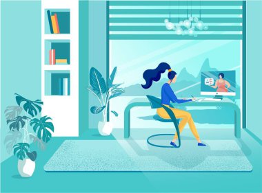 Girl Learn English through Internet, Vector Banner