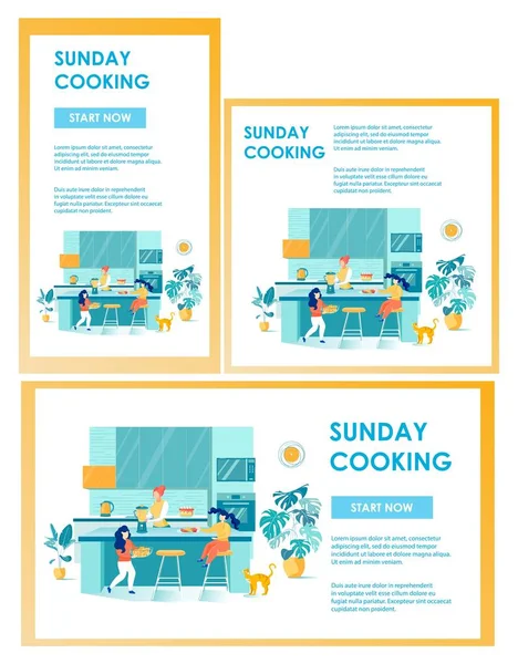 Family Sunday Cooking Cartoon Design Webpage Set — Stockový vektor