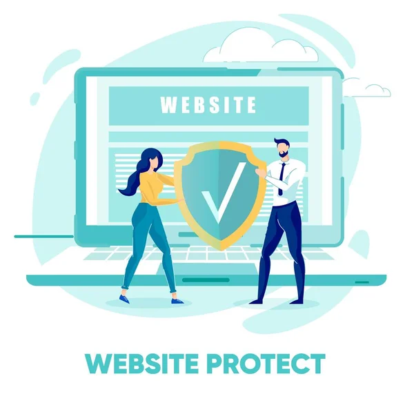 Små människor bär sköld för att skydda webbplatsen. — Stock vektor