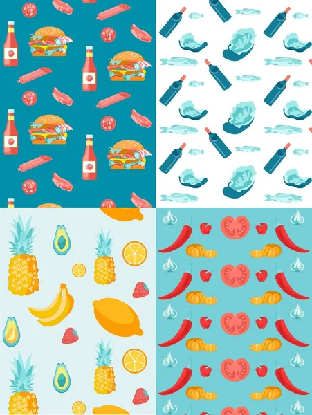 Fruits Drinks Seafood Junk Food Seamless Pattern