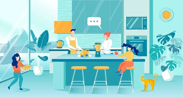 Rodinné vaření potravin doma v kuchyni interiér. — Stockový vektor