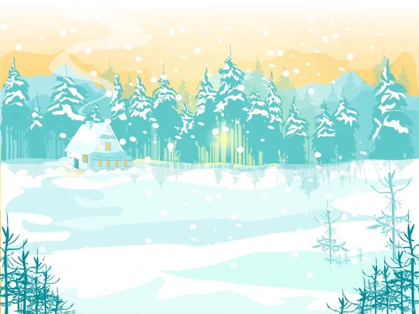 숲 속의 겨울 목초지에 있는 눈덮인 집들 — 스톡 벡터