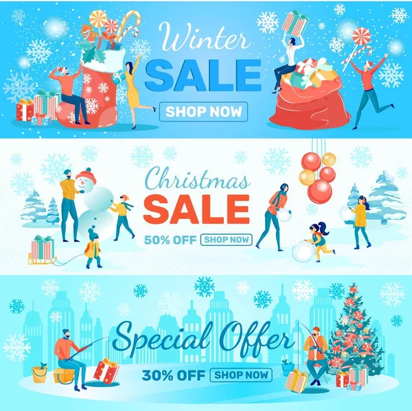Banners especiais de venda de inverno, conjunto de três peças — Vetor de Stock