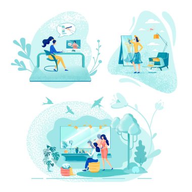 Home Flat Illustrations Set 'te Çalışma, Satın Alma ve Çalışma