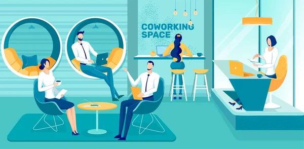 Espaço de Coworking com pessoas de negócios trabalhando . — Vetor de Stock