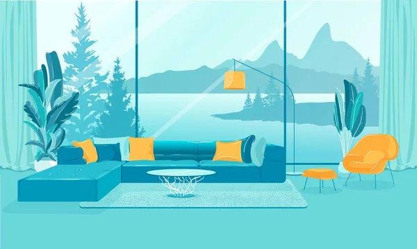 Living Room Interior with Mountain Views, Slide. — Stockvektor
