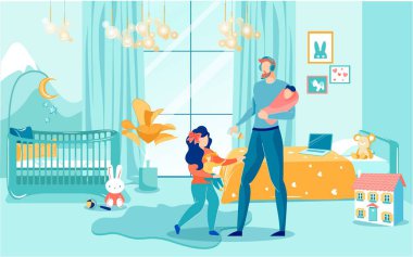 Working Dad is Looking after Children at Home.