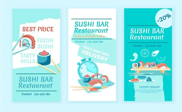 Sushi Bar Ads Flyer Flat Vector Templates Set — Stock Vector