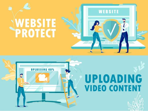 Protección del sitio web, Subir contenido de vídeo plano . — Vector de stock