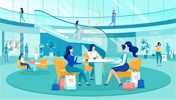 Shopping Girls Rest at Shop Mall Rest Zone Cartoon — Stockvector